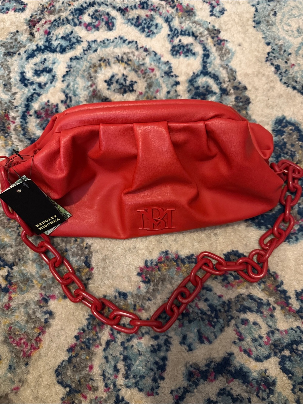 NWT Badgley Mischka Red Ruched Shoulder Bag with Chain Strap
